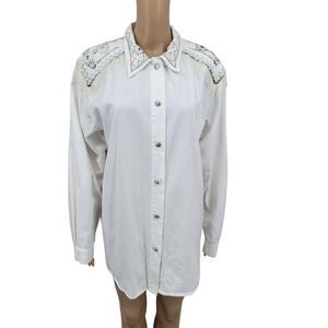 JenJen By Darian White Denim Western Shirt with Fringe Beaded Aztec Shoulders